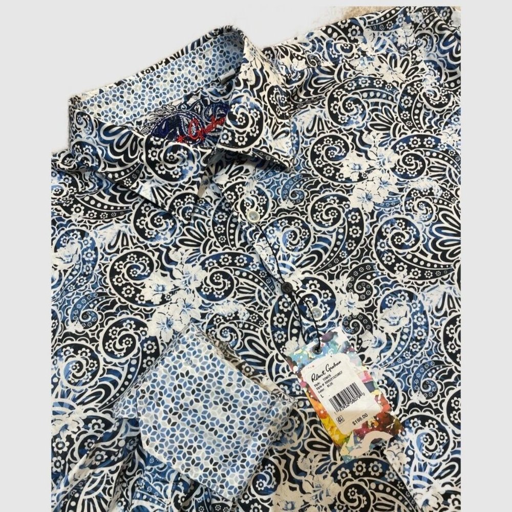 Robert Graham Blue Blk White Paisley Long Sleeve Shirt Size L BRAND NEW w/ Tags